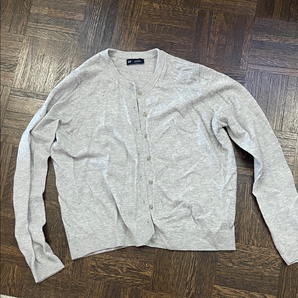 GAP Neutral Light Gray Button-Up Crewneck Cardigan